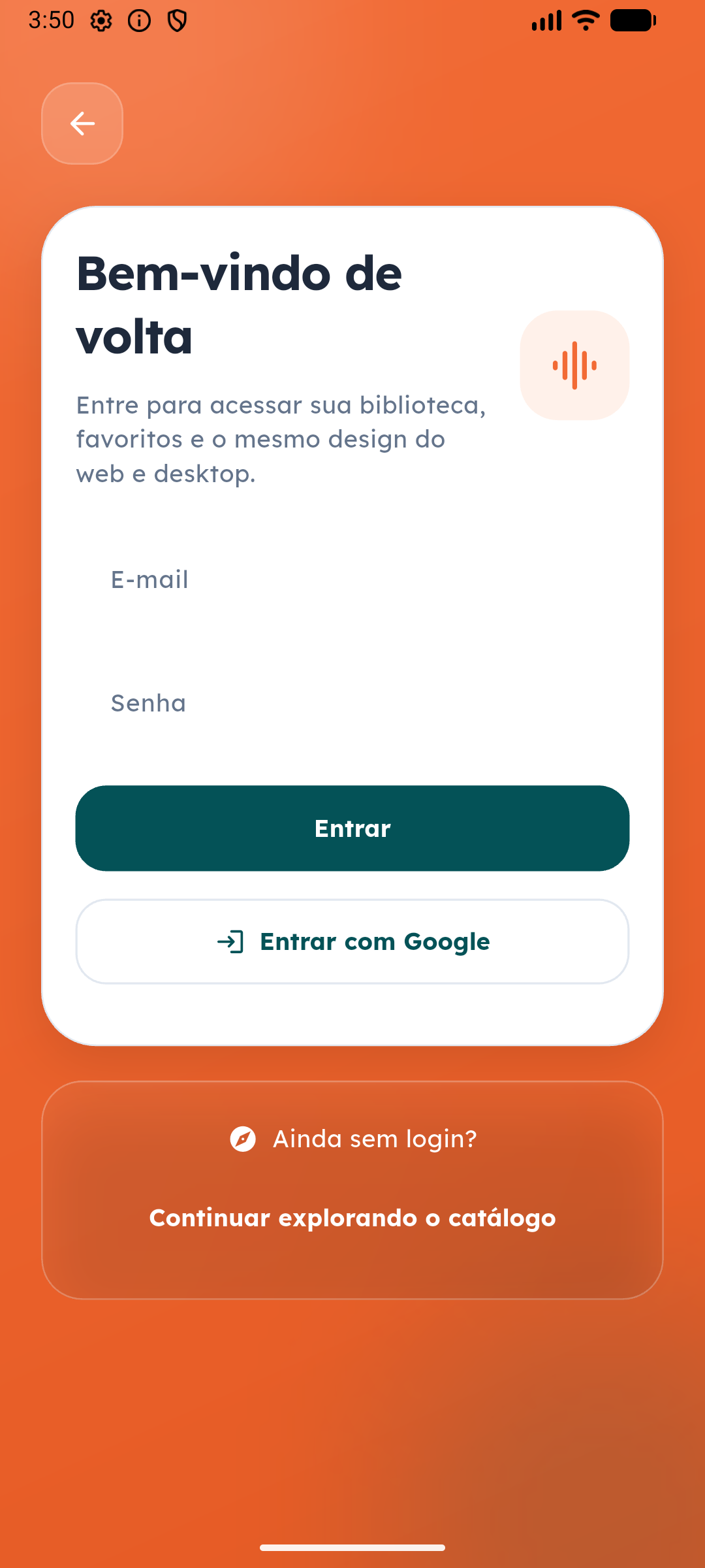 Tela do app Render Áudio Cursos: login