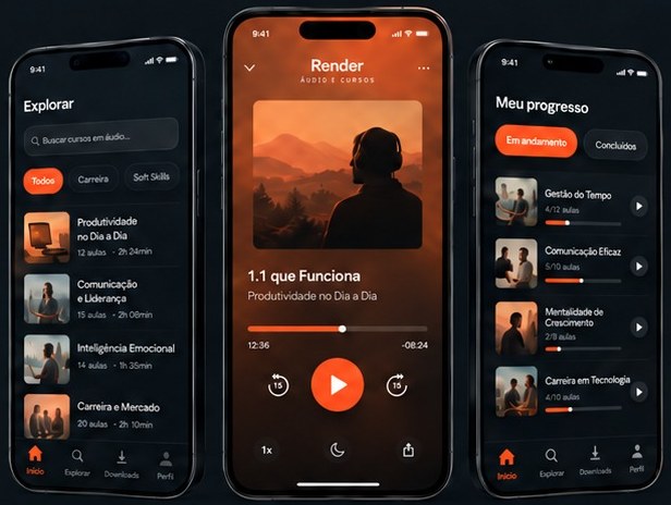 Telas do app Render Áudio Cursos: Explorar, player e Meu progresso
